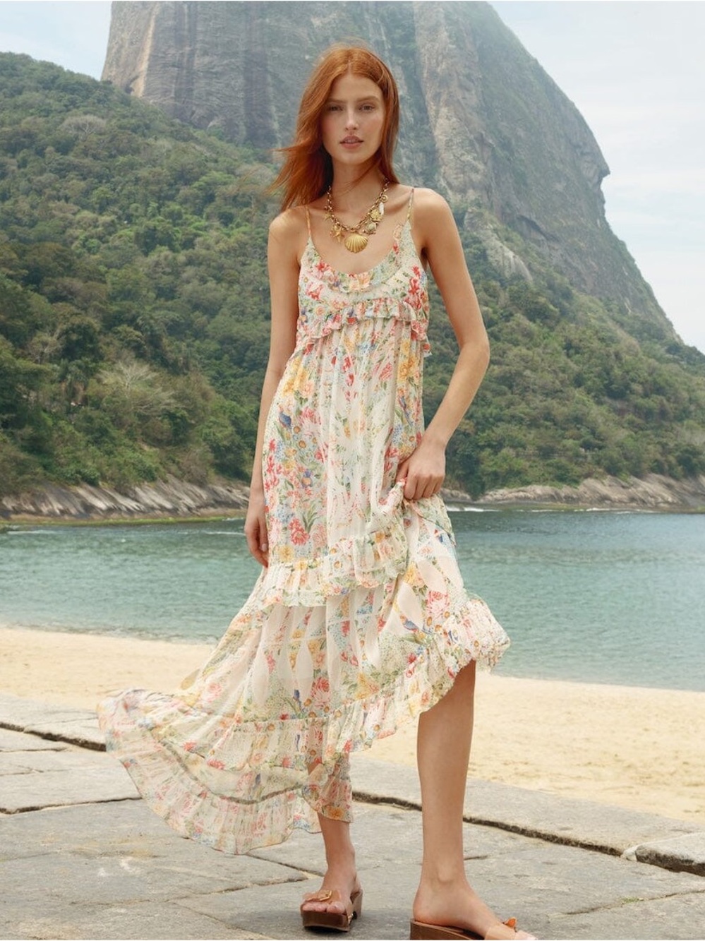 NWT FARM Rio Multicolor Rendeira Ruffled Sleeveless Maxi Dress, XS 🌴